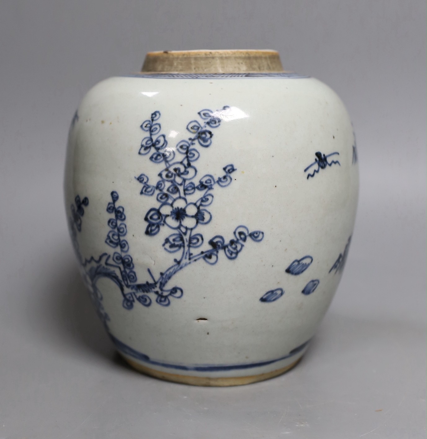 An 18th century Chinese blue and white ‘Three Friends’ jar, 19cm